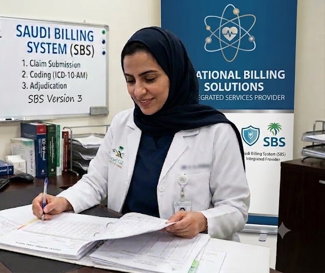 A medical coder reviewing a claim against the Saudi Billing System